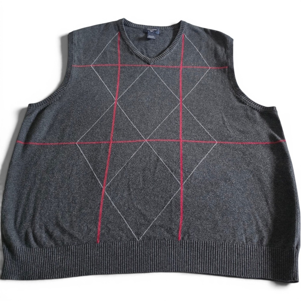 Dockers Argyle V-Neck Sweater Vest Mens XXL 100% Cotton Charcoal Gray Red White